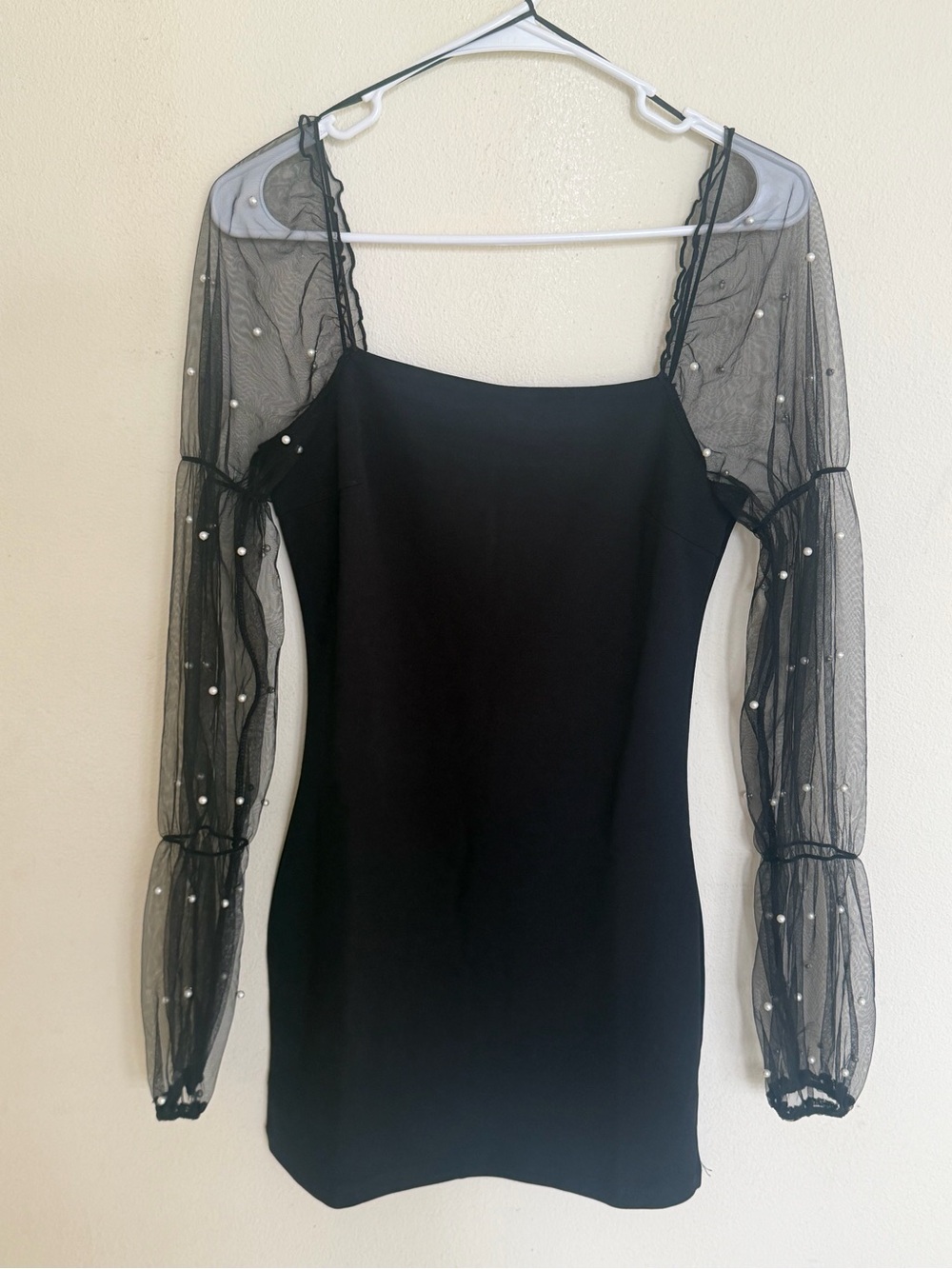 Black Pearl-Embellished Mesh Sleeve Mini Dress
